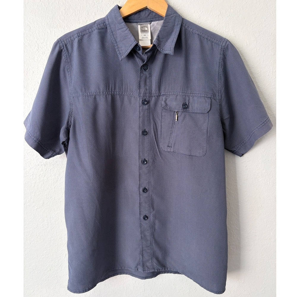 The North Face Mens Micro Check Short Sleeve Button Down Shirt M Blue Hiking